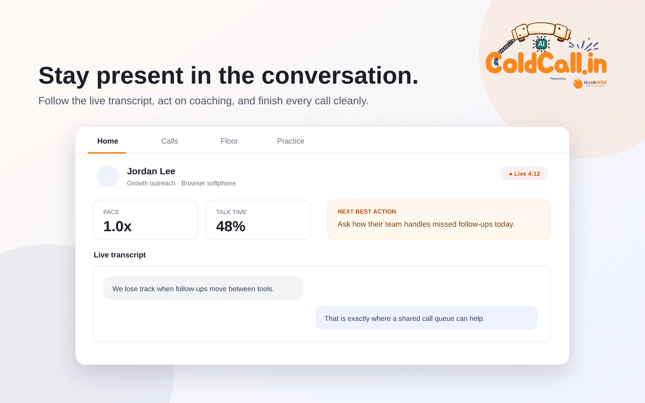 ColdCall.in Chrome extension live call screen with transcript, pace, talk time and next best action